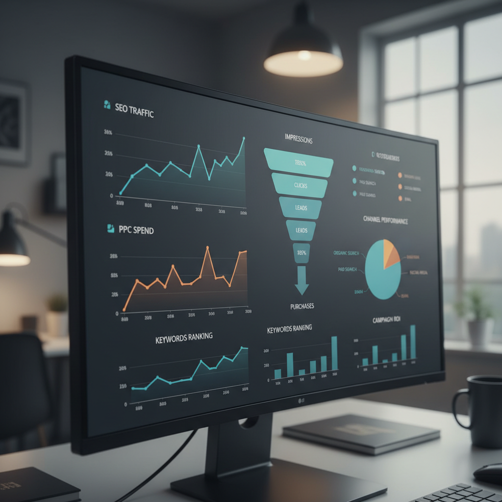 Digital analytics dashboard showing SEO and PPC performance graphs