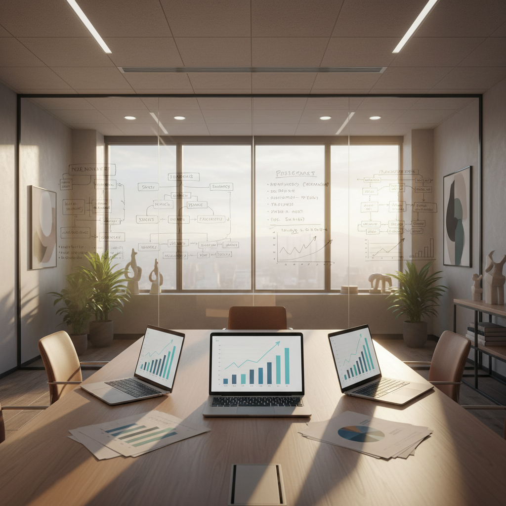 Marketing strategy meeting room with analytics planning tools
